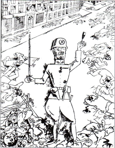 The slaughter of revolutionaries by reactionary army officers, captured in this contemporary cartoon